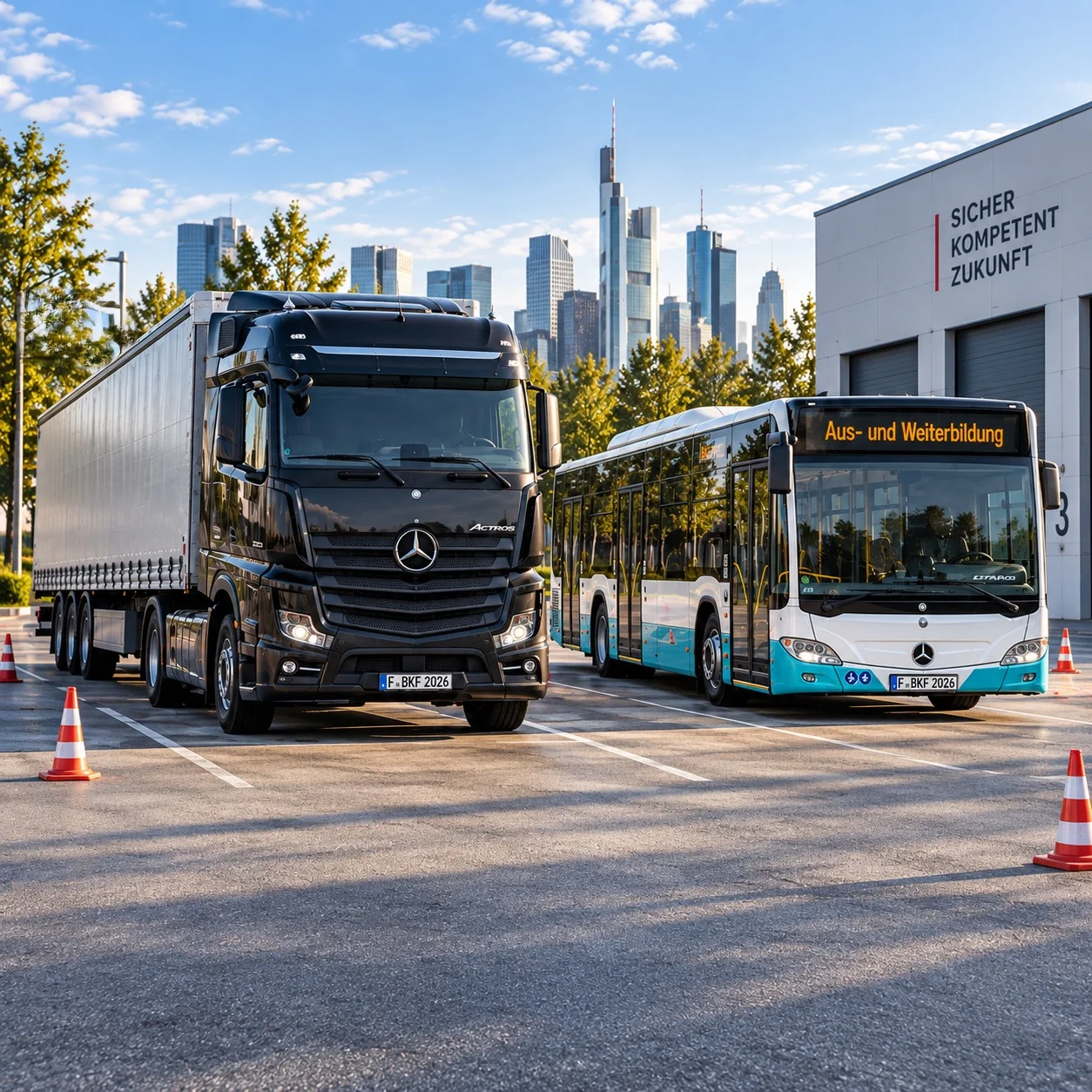 Schwarzer Mercedes-Lkw und weiß-türkiser Linienbus vor der Frankfurter Skyline