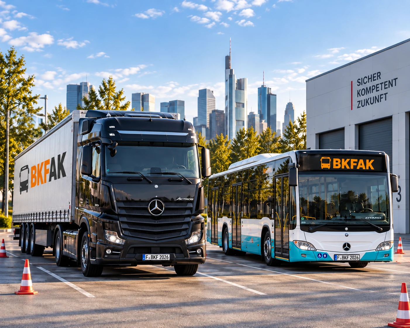 Schwarzer Mercedes-Lkw und weiß-türkiser Linienbus vor der Frankfurter Skyline