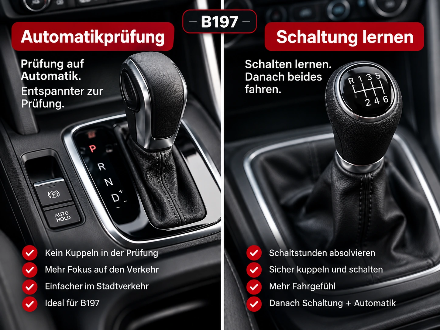 Automatik- und Schaltwahlhebel mit Erklärung zur B197-Ausbildung